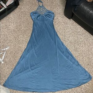 Vintage 70s crochet neck insert Blue Halter rutched bust Maxi Dress-
